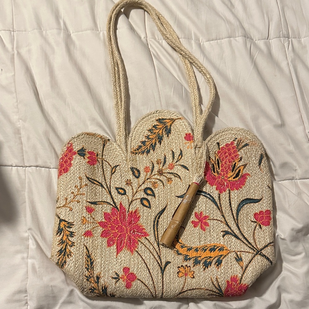Antik Kraft Beige and Pink Floral Tote